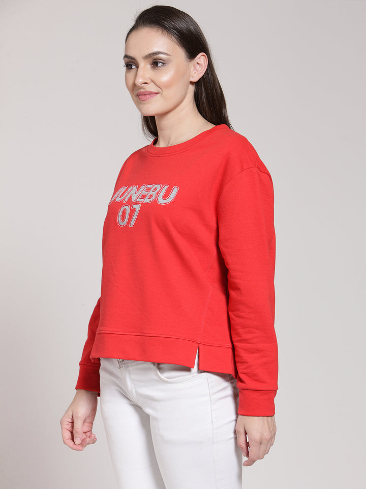 plusS Women Red Solid Applique Pullover Sweatshirt