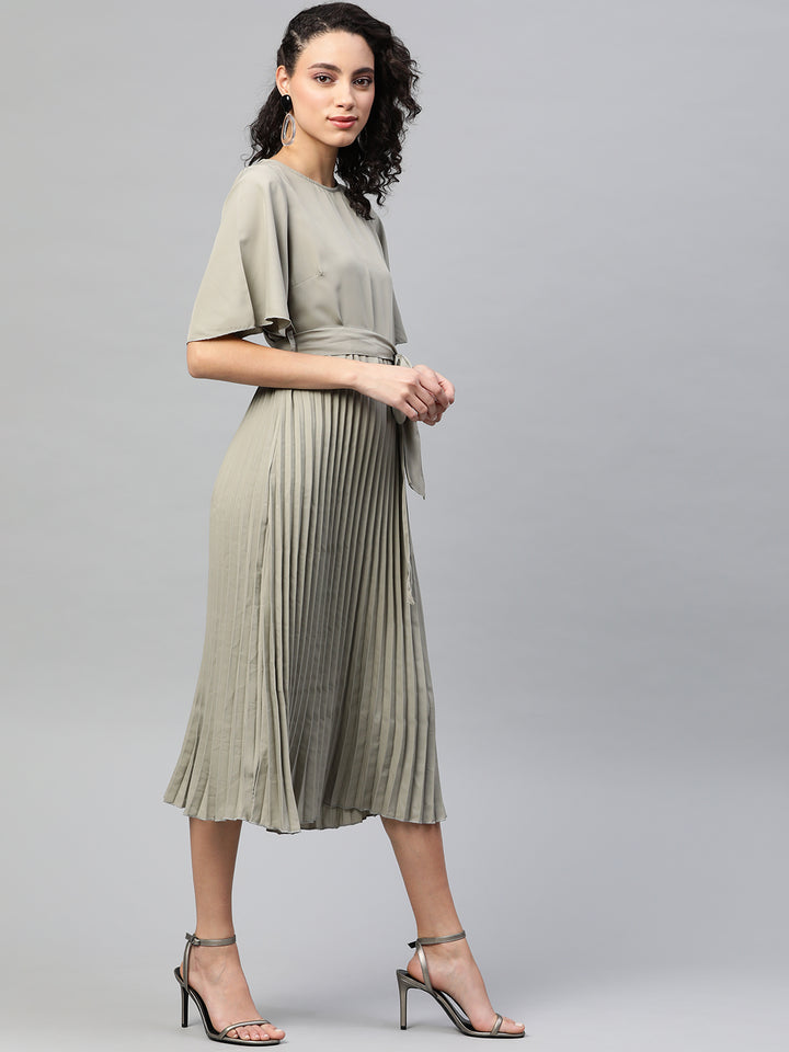 plusS Women Olive Green Accordion Pleated Midi A-Line Dress with Belt