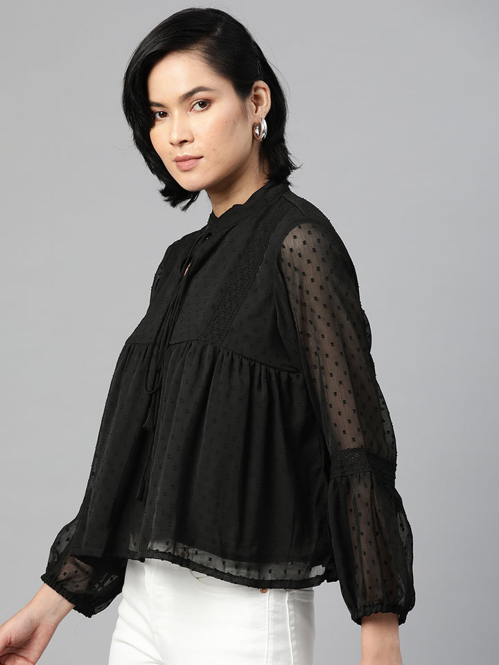 plusS Black Self Design Bishop Sleeves Georgette Top