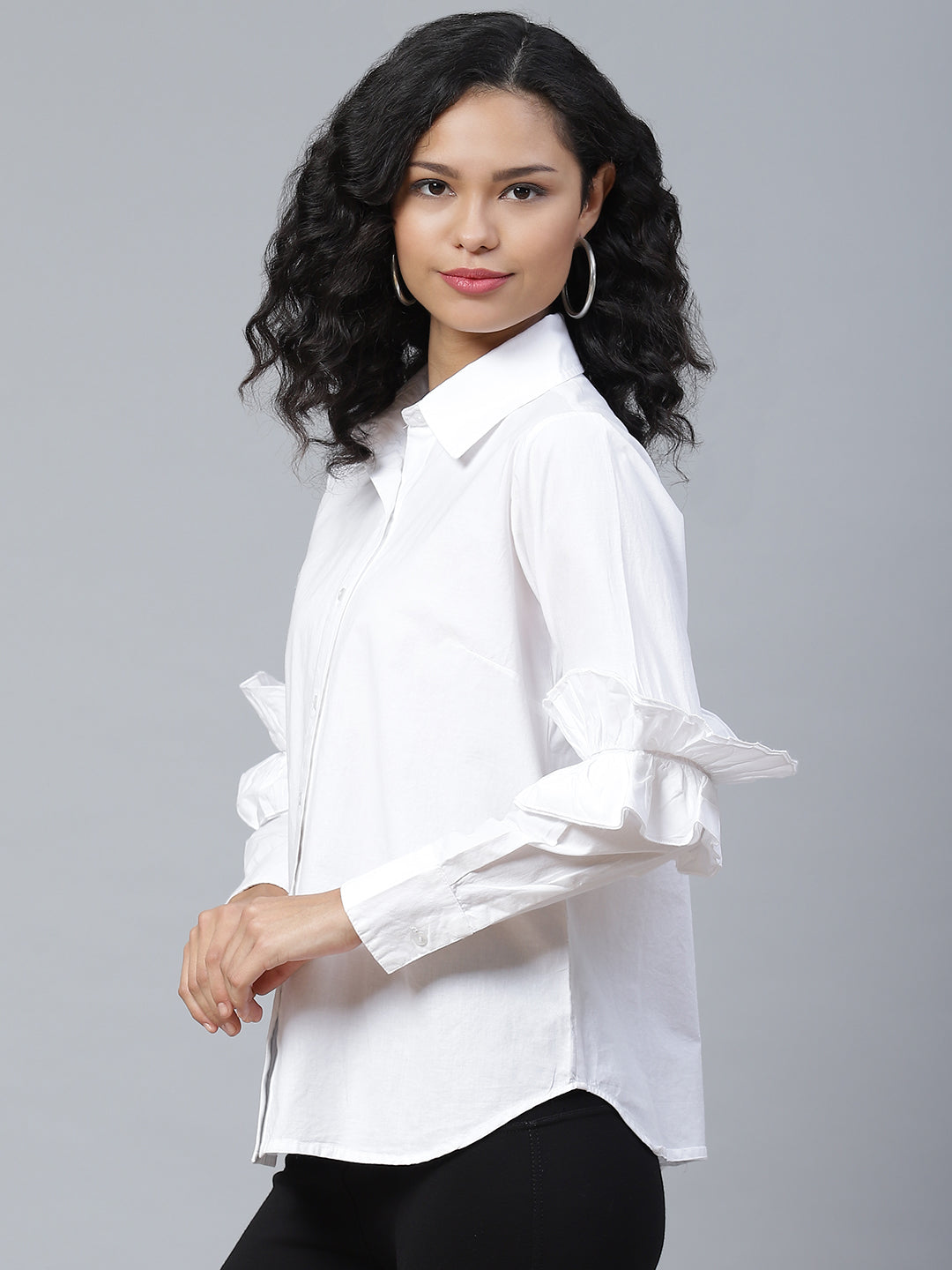 Stylish White Ruffle Detail Solid Shirt