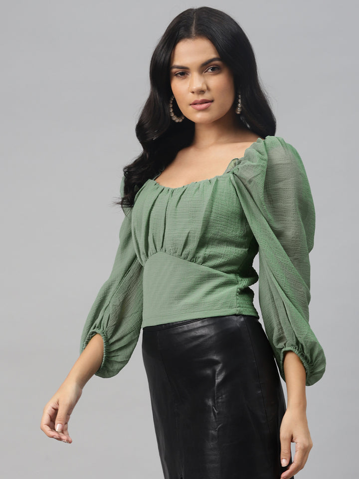 plusS Alluring Green Solid Smocked Top