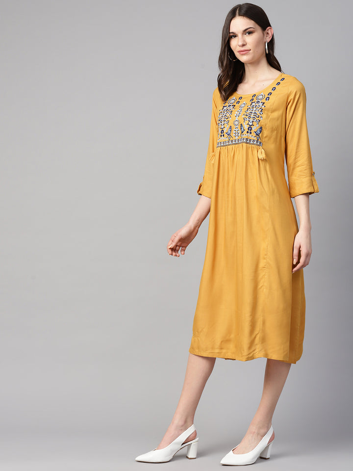 Women Mustard Yellow Solid A-Line Dress with Embroidered Detail