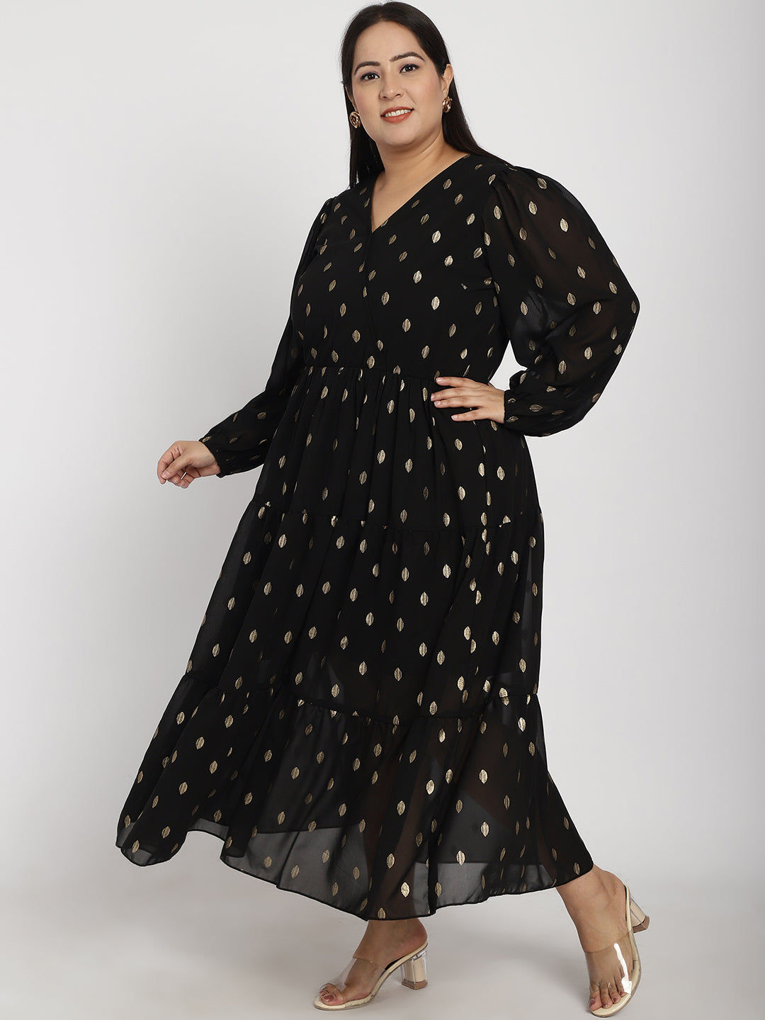 Plus Size Geometric Printed V-Neck Puff Sleeve Fit & Flare Pleated Maxi Dress