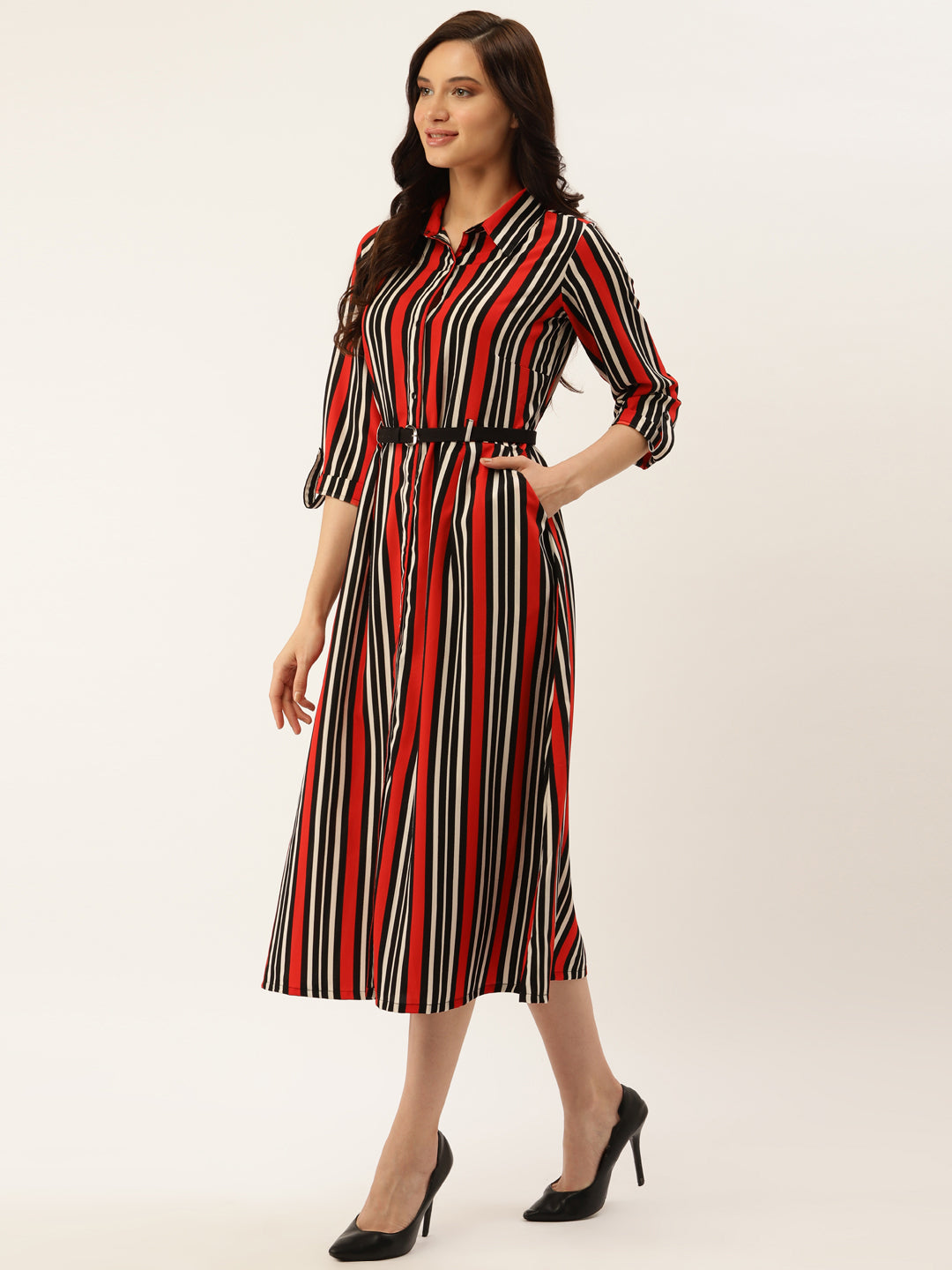 plusS Women Red  Black Striped Shirt Dress