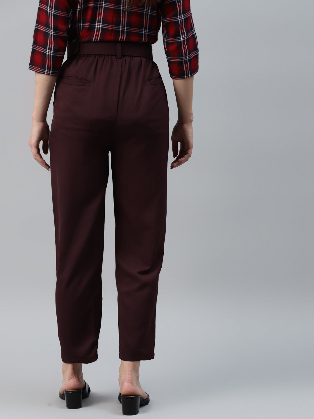 plusS Women Maroon Solid Pleated Trousers with Belt