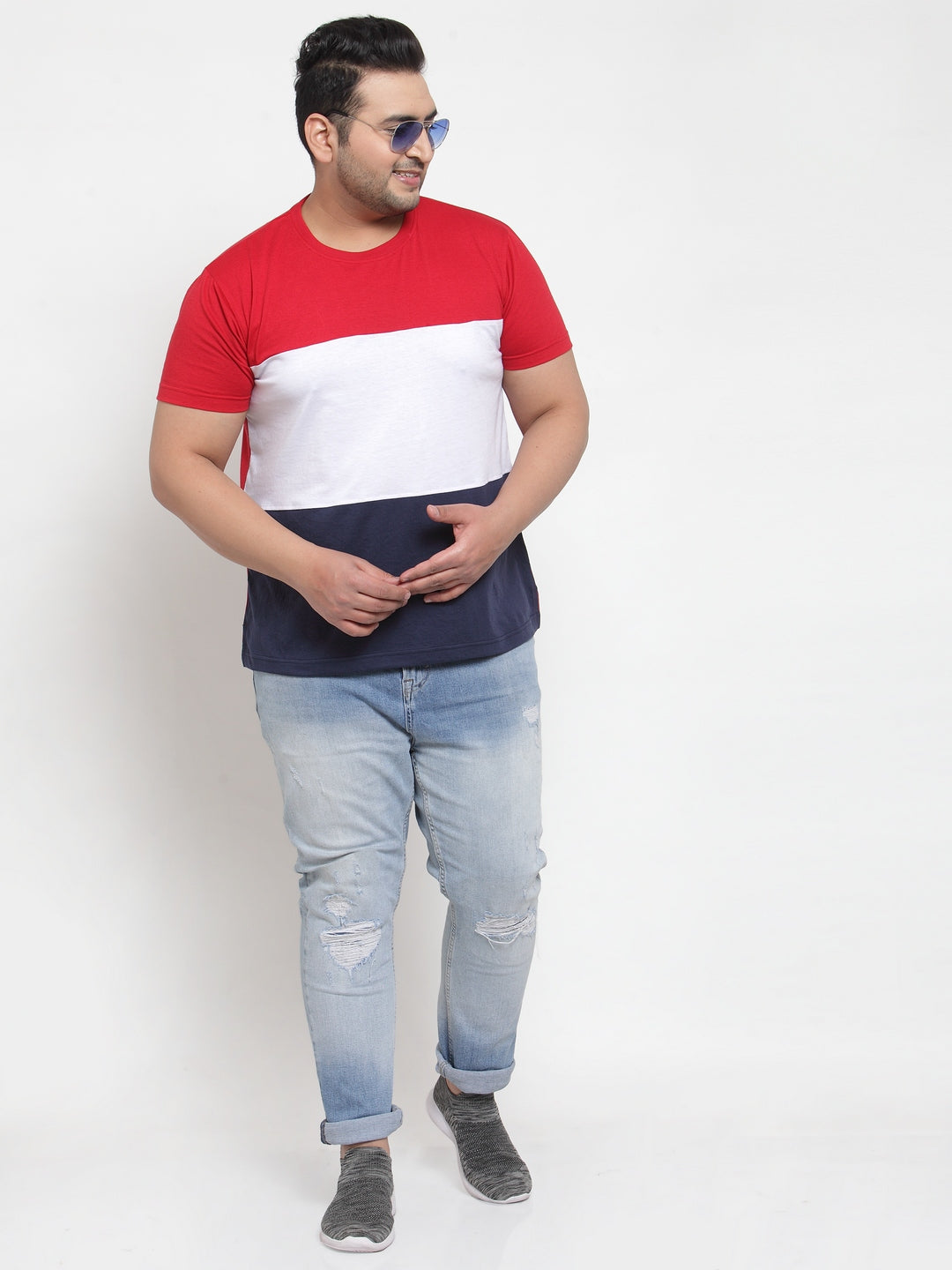 plusS Men Red  White Colourblocked Round Neck Pure Cotton T-shirt