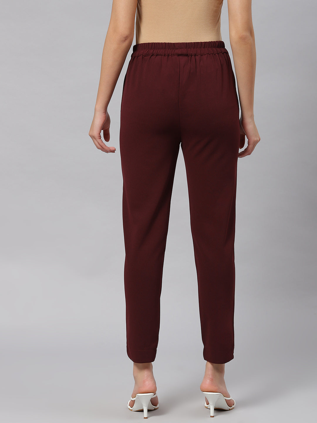 Women Maroon Solid Mid-Rise Regular Fit Trousers