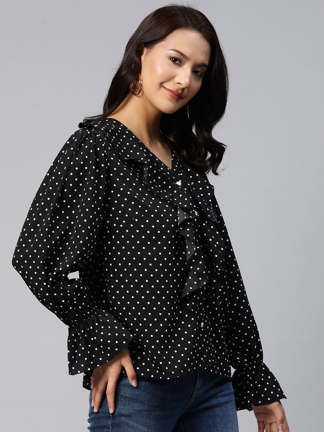 Printed Bell Sleeves Ruffled Top