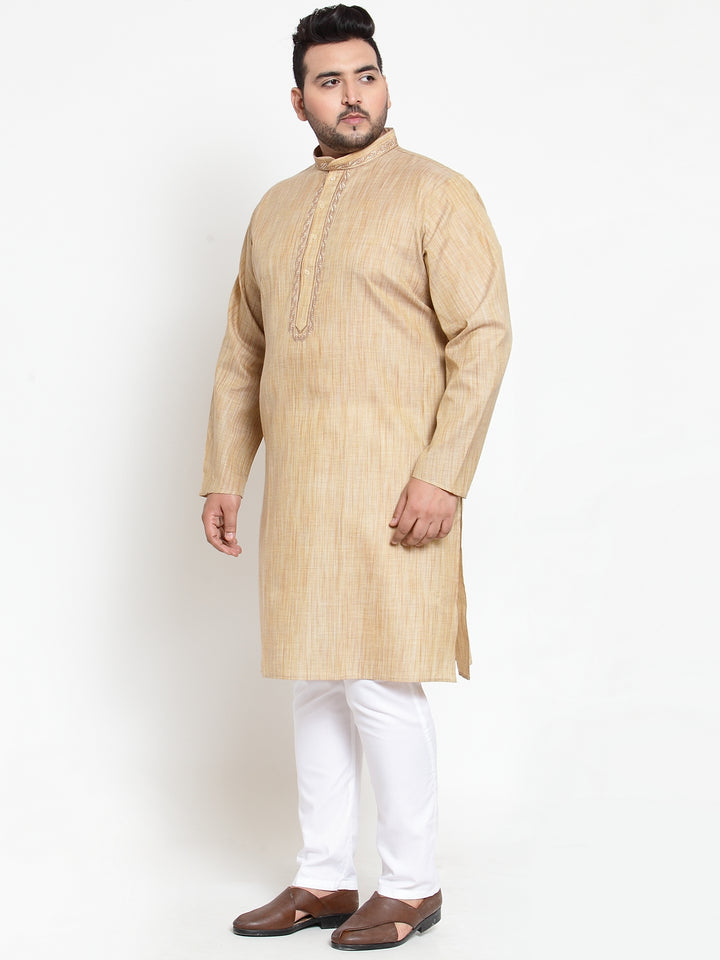 Men Beige & White Solid Kurta with Pyjamas