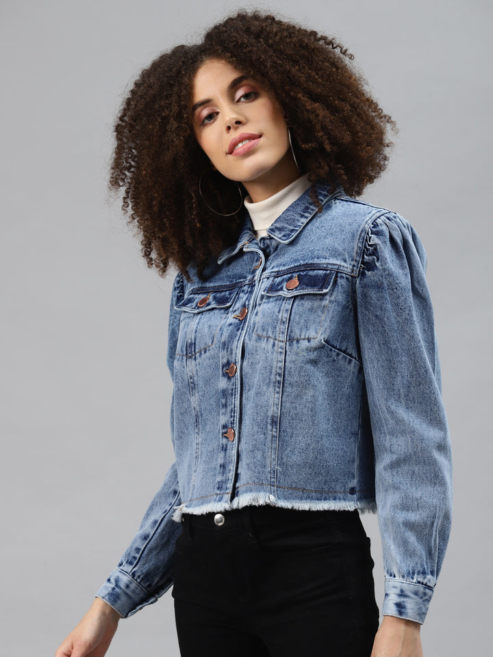 plusS Women Blue Crop Denim Jacket