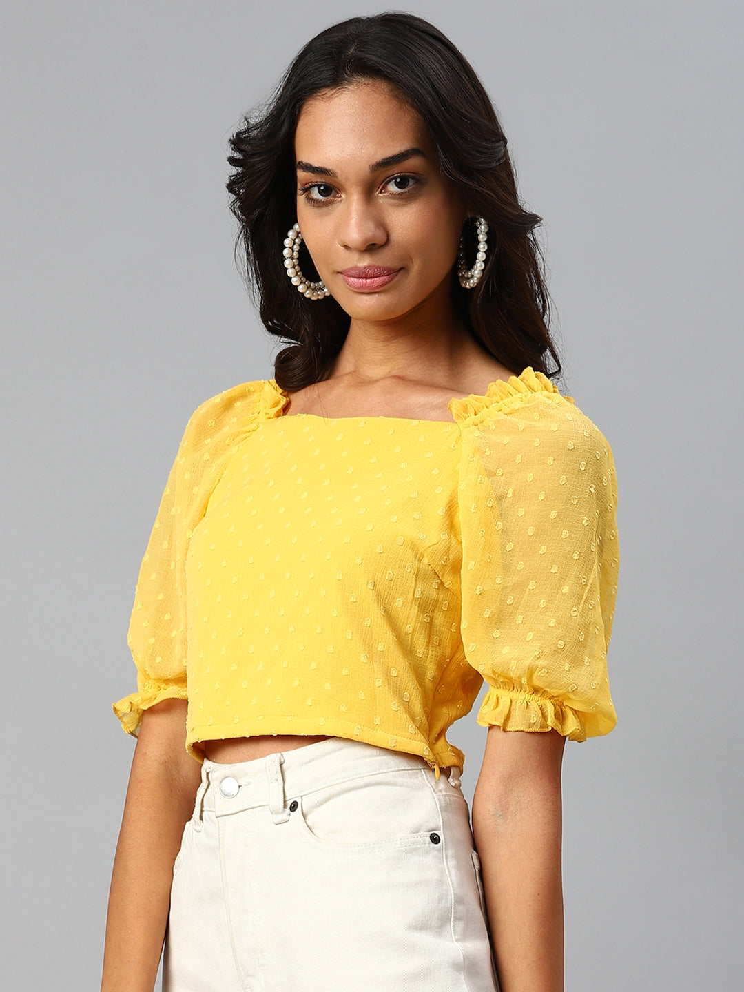 plusS Yellow Self Design Puff Sleeves Crop Top