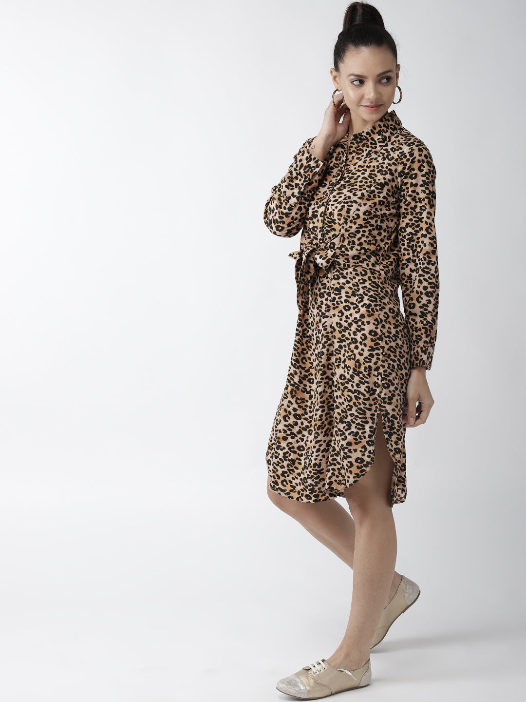 plusS Beige  Black Leopard Print Shirt Dress