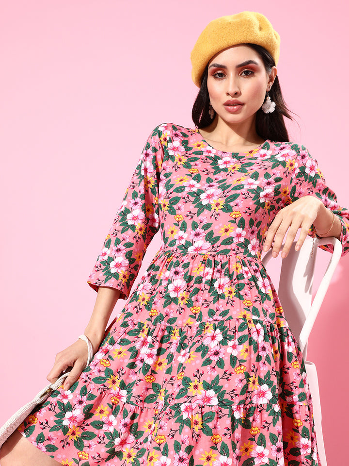 Women Pretty Pink Floral Dress