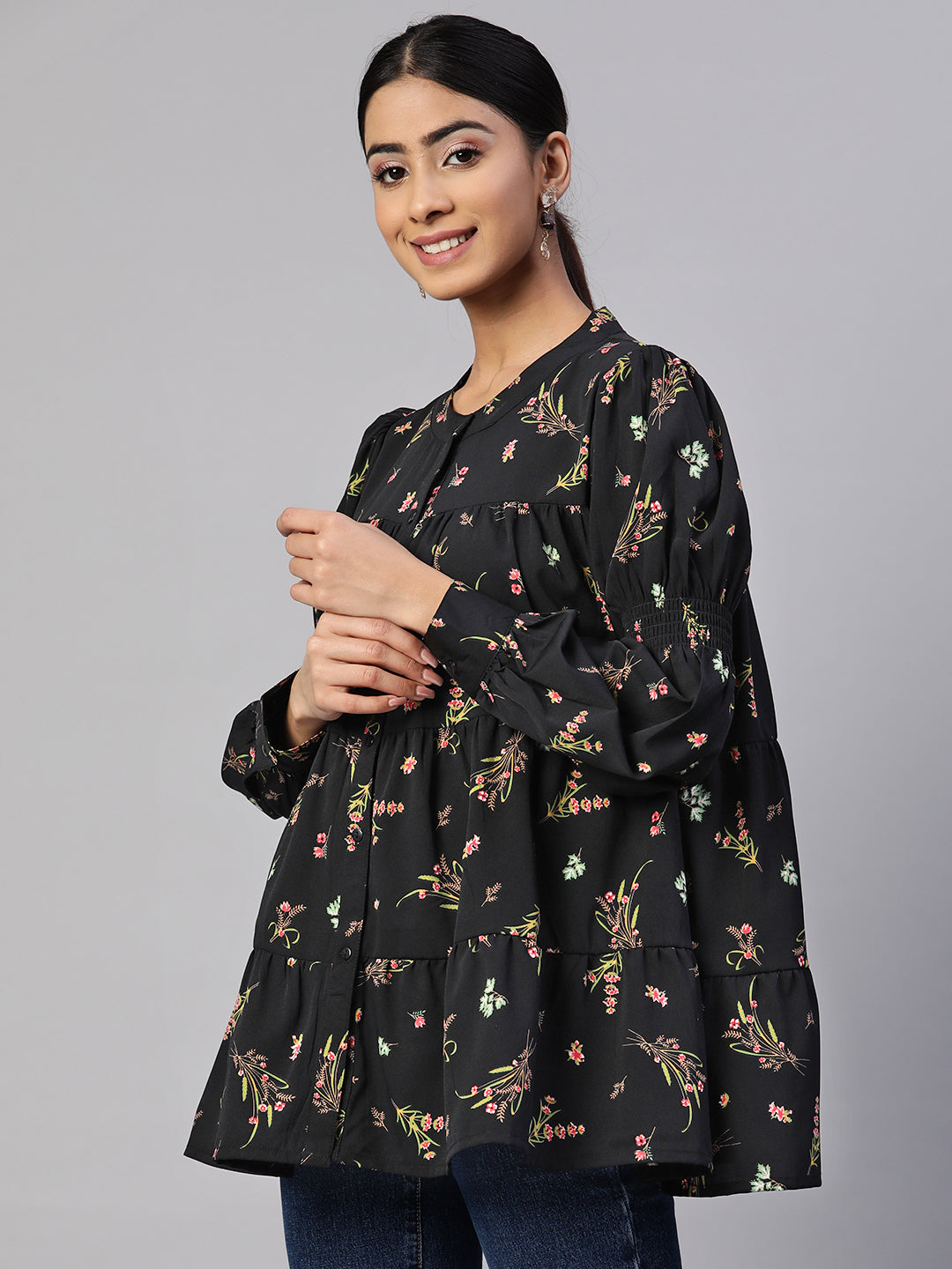 plusS Floral Print Georgette Longline Top