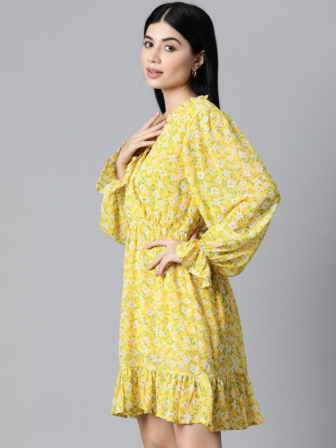 plusS Women Yellow  White Floral Printed Bell Sleeves Dress with Ruffle Detail