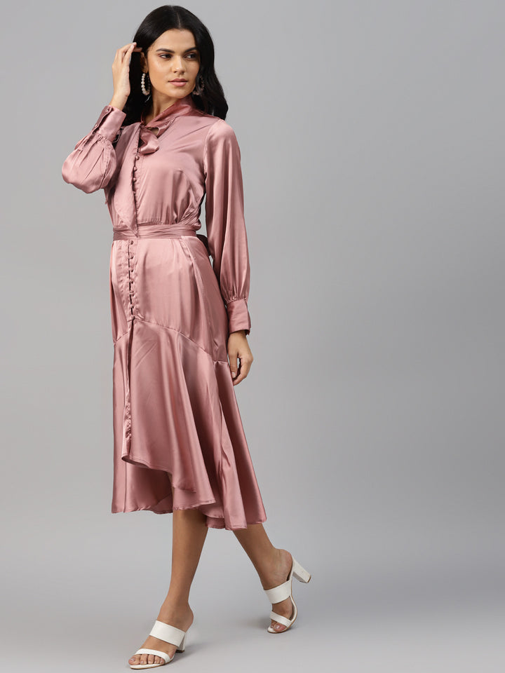 plusS Dusty Pink Tie-Up Neck A-Line Midi Dress