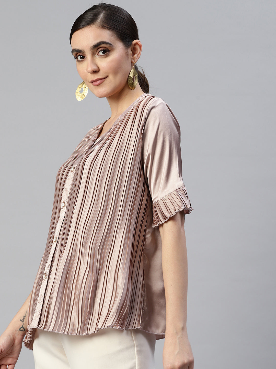 V-Neck Accordion Pleats Shirt Style Top