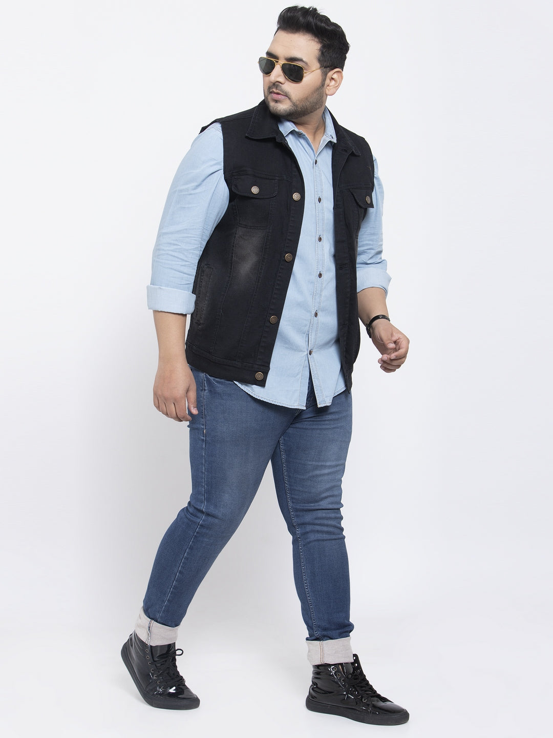 Men Plus Size Black Solid Sleeveless Denim Jacket