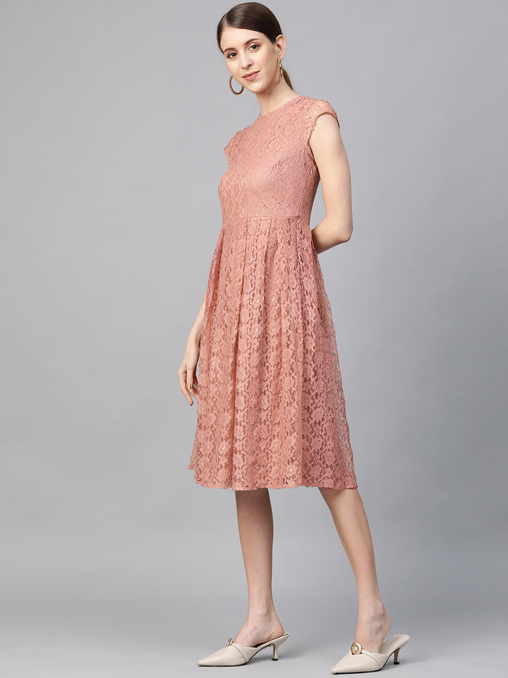 Peach-Coloured Lace A-Line Dress