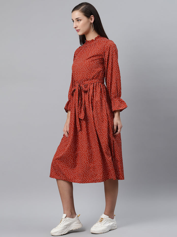 plusS Women Rust Brown  White Dotted Print A-Line Dress with Belt