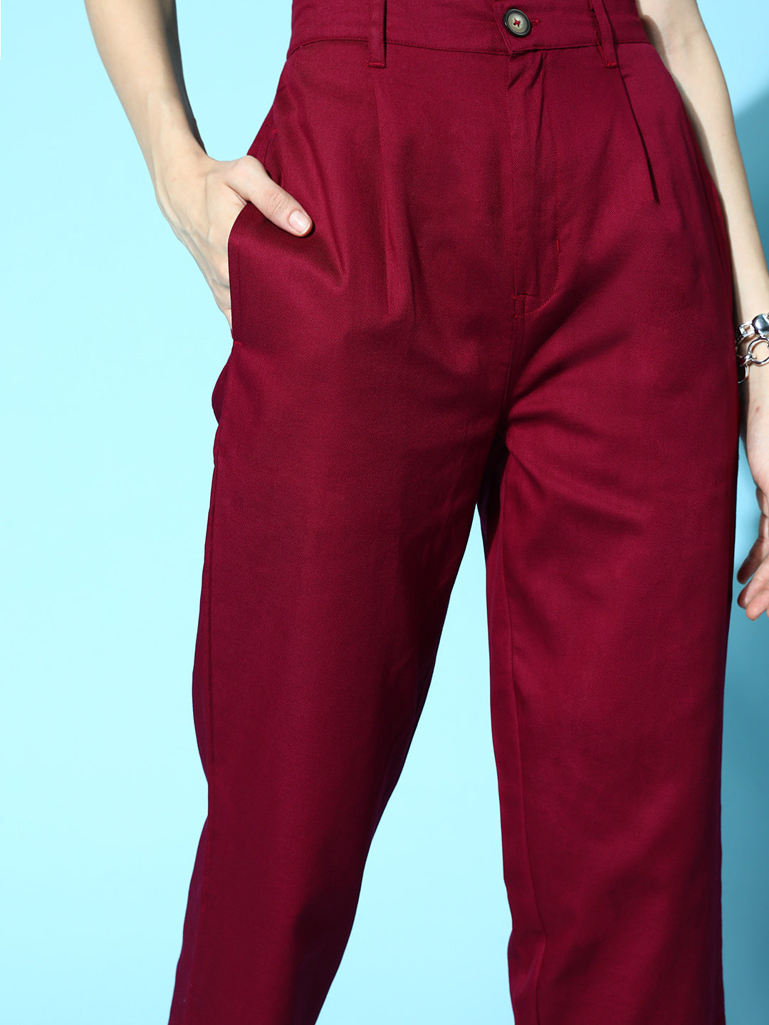 plusS Women Deep Red Solid Y2K Cargo Trousers