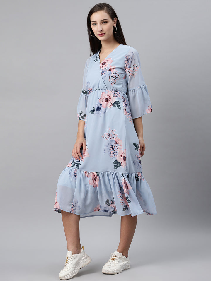 plusS Women Blue  Pink Floral Print Midi Wrap Dress