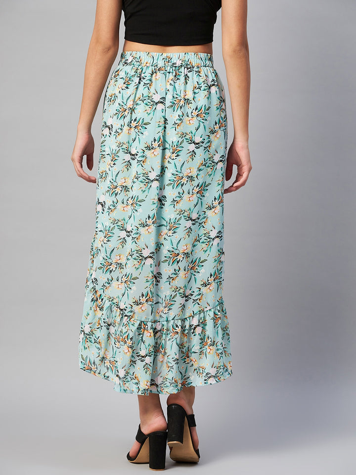 plusS Sea Green Floral Printed Midi A-Line Skirt