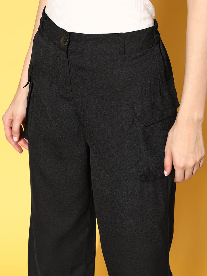 Women Classy Black Solid Utility Track Pants