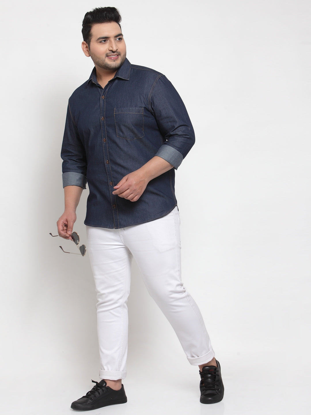 Plus Size Men Blue Regular Fit Solid Casual Denim Shirt