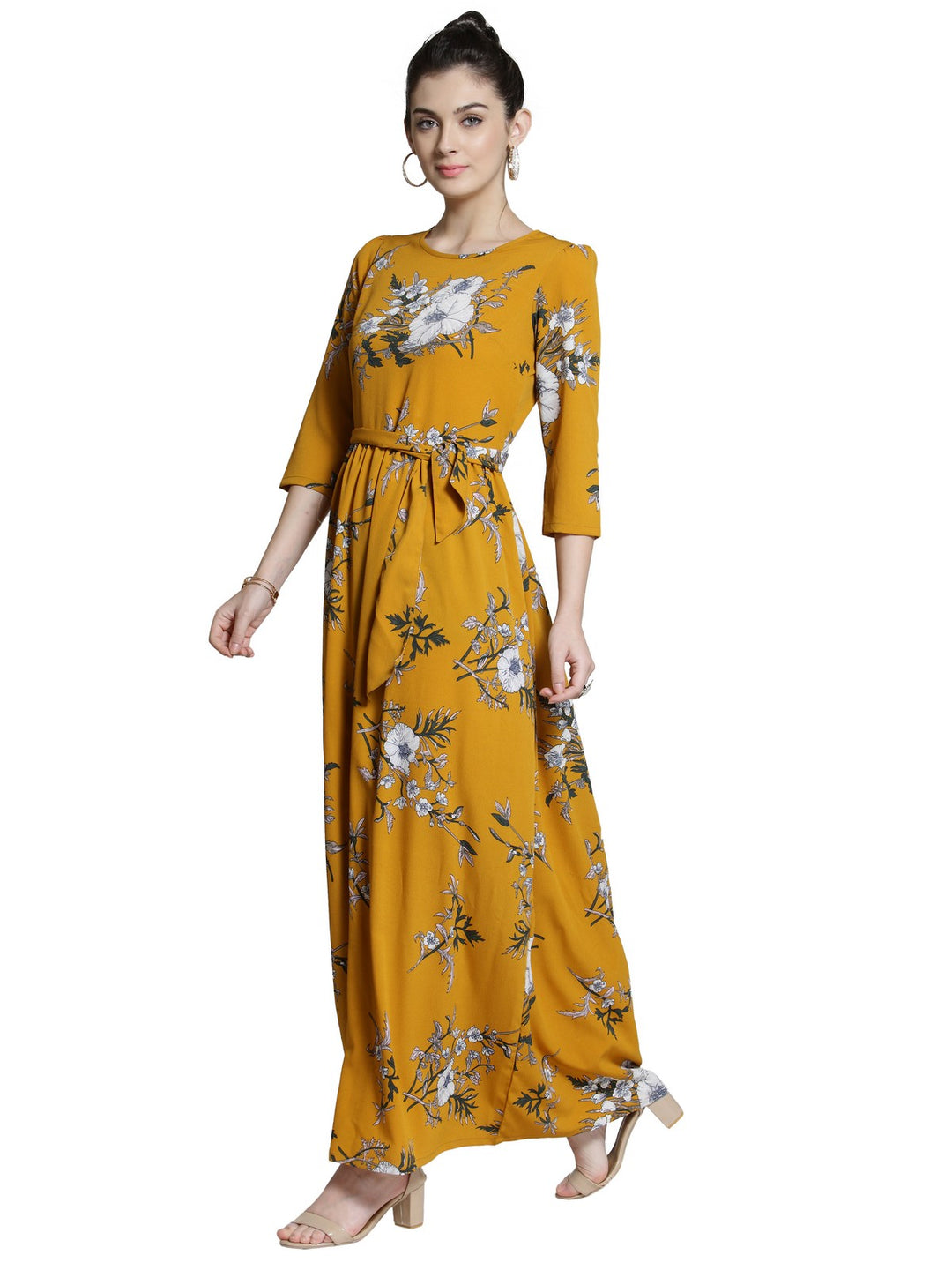 plusS Women Mustard Yellow Floral Printed Maxi Dress