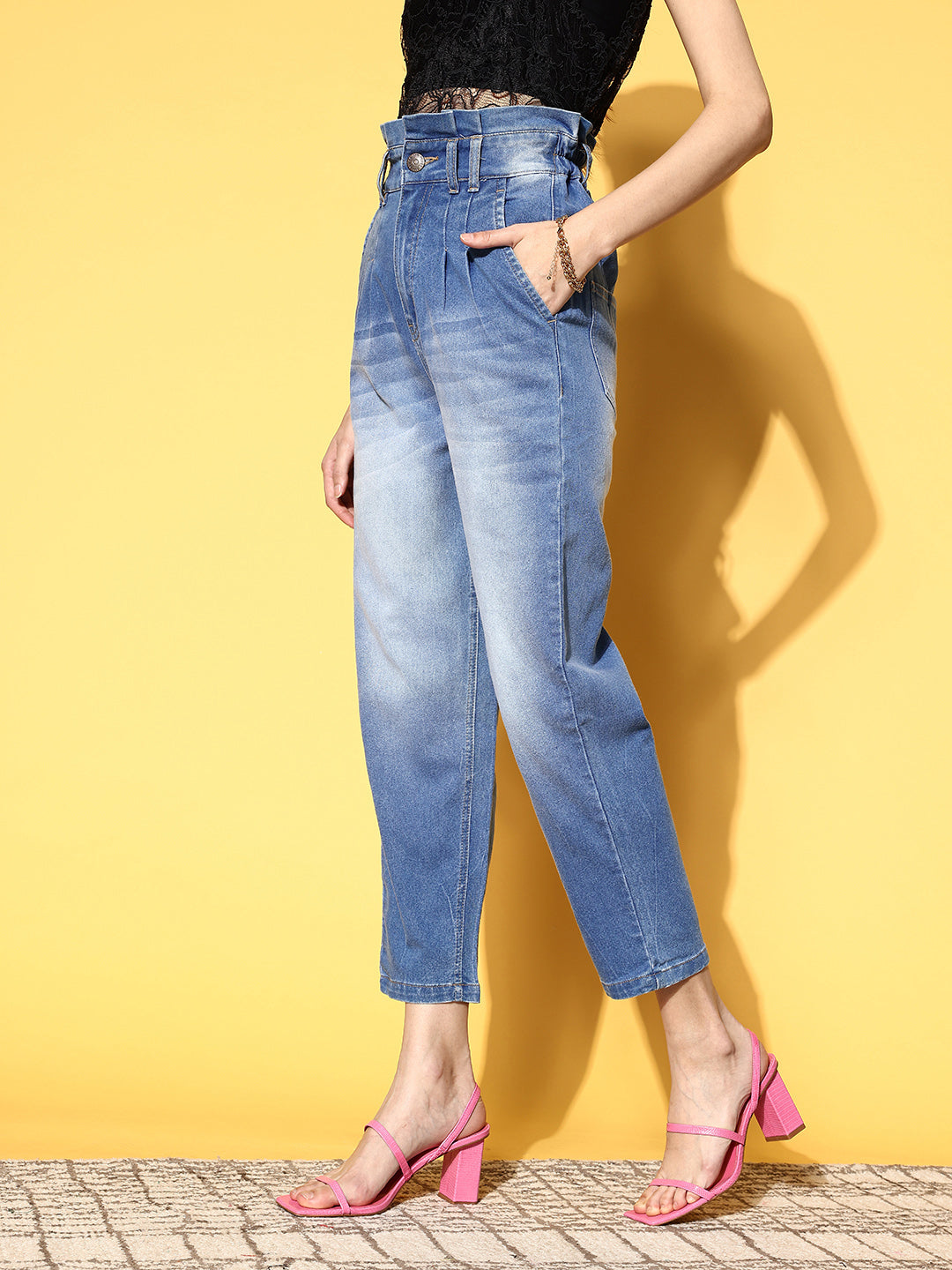 Women Blue High-Rise Regular Fit Cropped Stretchable Jeans