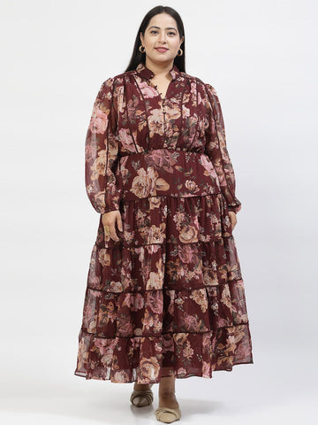 Plus Size Floral Printed Puff Sleeve  Fit And Flare Maxi Dress
