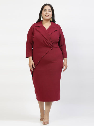 Plus Size Burgundy Long Sleeves Midi Dress