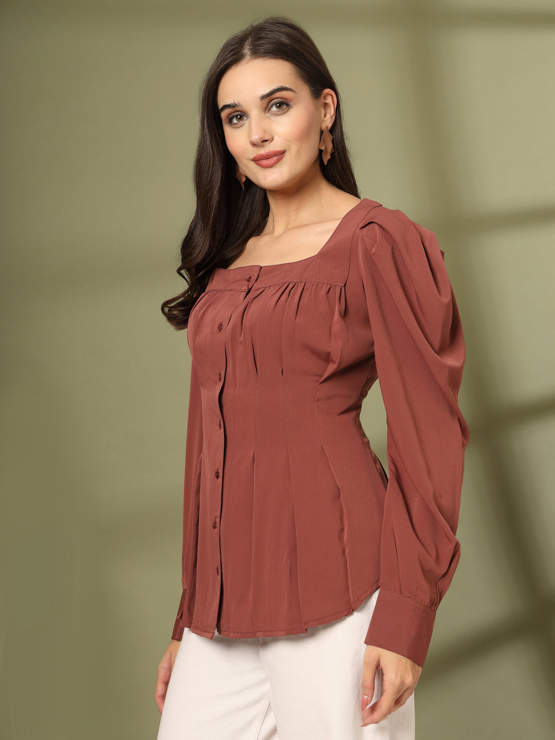 Women Collarless Solid Formal Long Sleeves Shirt