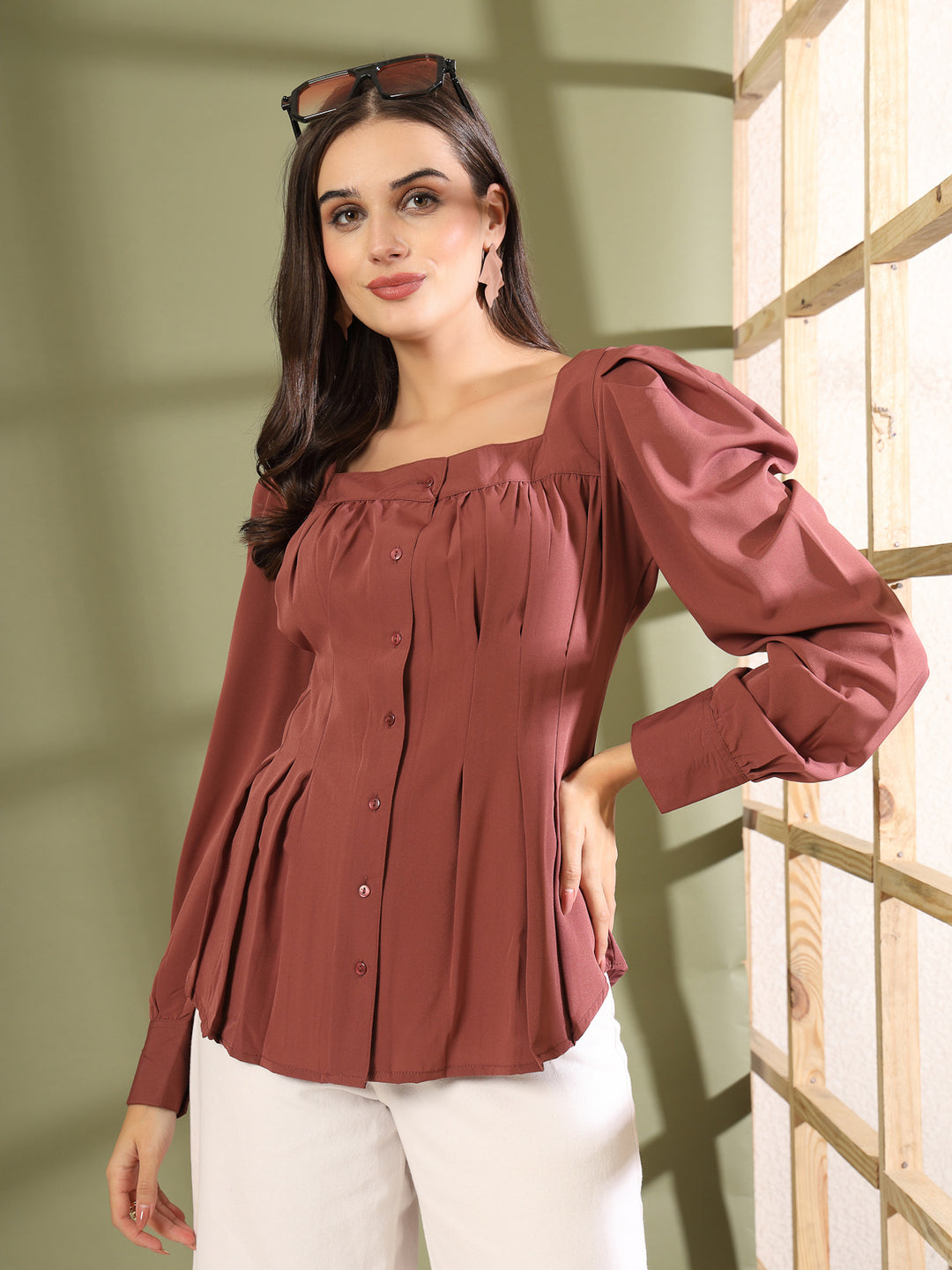 Women Collarless Solid Formal Long Sleeves Shirt