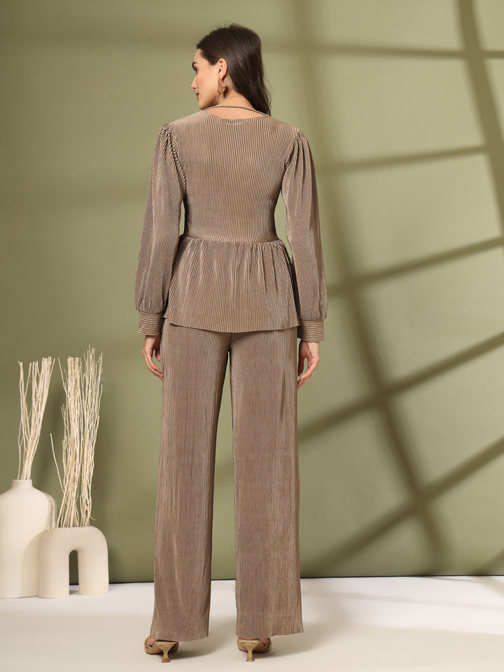 Brown Self Design Log Sleeves Top With Trousers