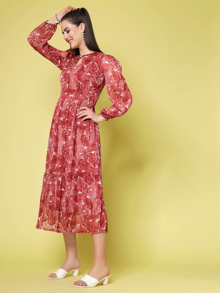 Maroon Floral Printed Keyhole Neck Puff Sleeve Tiered Fit  Flare Midi Dress