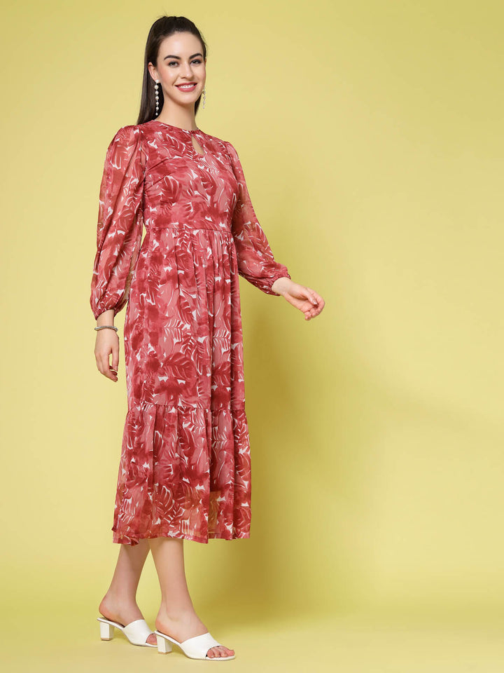 Maroon Floral Printed Keyhole Neck Puff Sleeve Tiered Fit  Flare Midi Dress