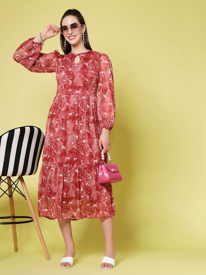 Maroon Floral Printed Keyhole Neck Puff Sleeve Tiered Fit  Flare Midi Dress