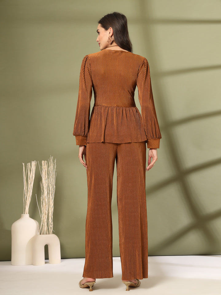 Brown Self Design Long Sleeves Tunic With Palazzo