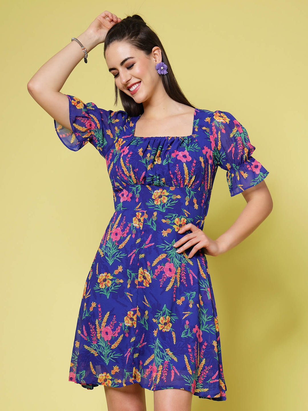 Blue Floral Printed Square Neck Puff Sleeves Gathered A-Line Dress