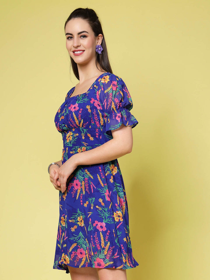 Blue Floral Printed Square Neck Puff Sleeves Gathered A-Line Dress