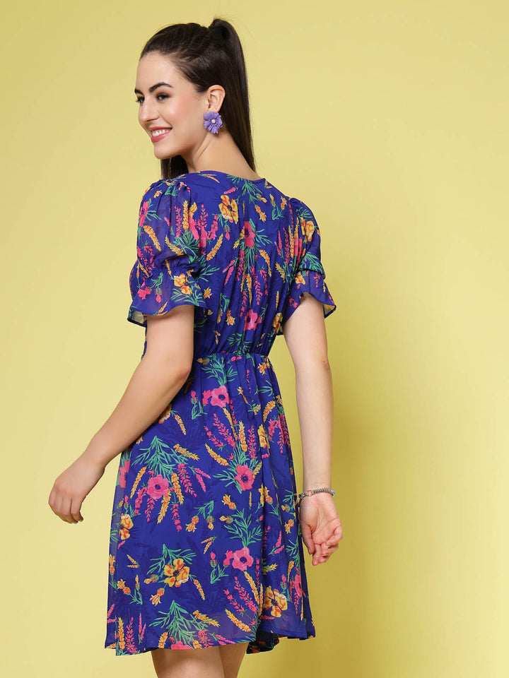 Blue Floral Printed Square Neck Puff Sleeves Gathered A-Line Dress