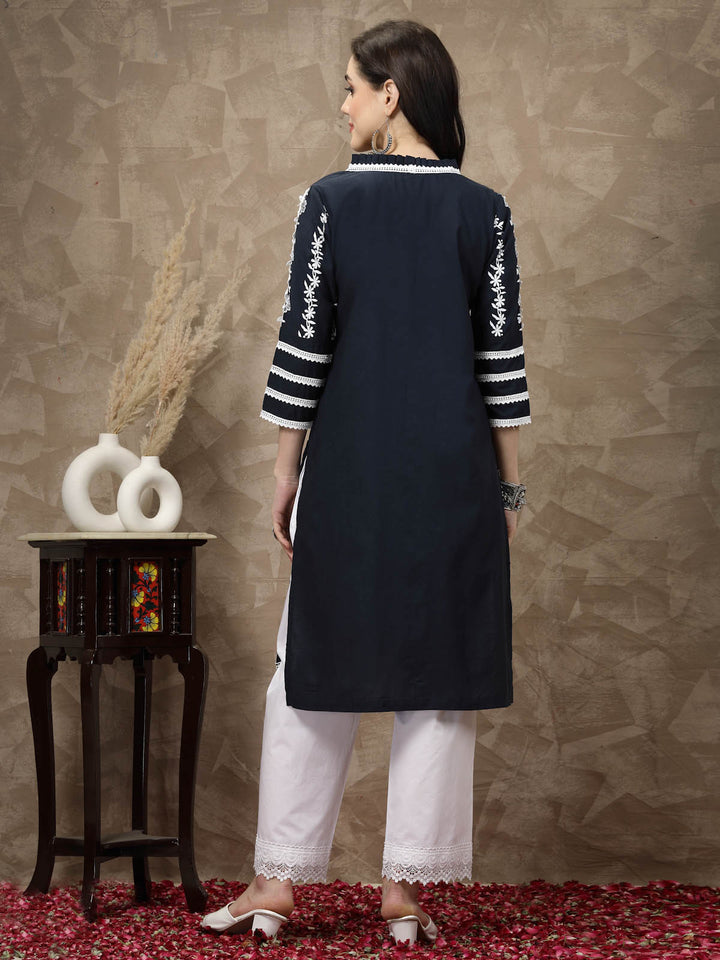 Navy Blue Floral Printed Thread Work Cotton Straight Kurta