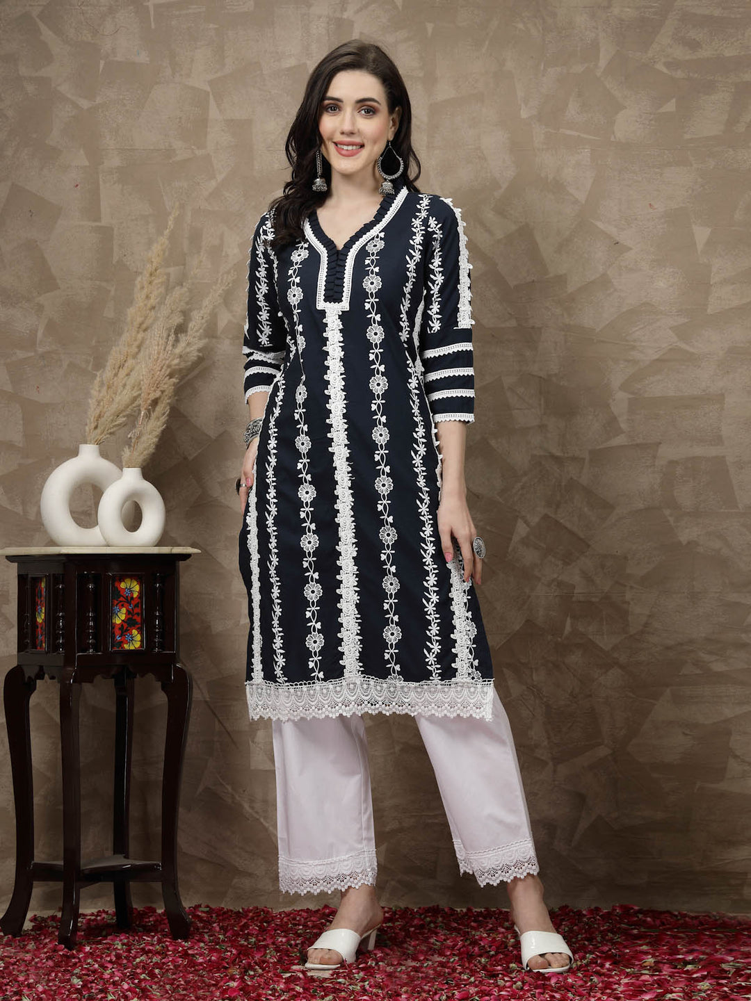 Navy Blue Floral Printed Thread Work Cotton Straight Kurta