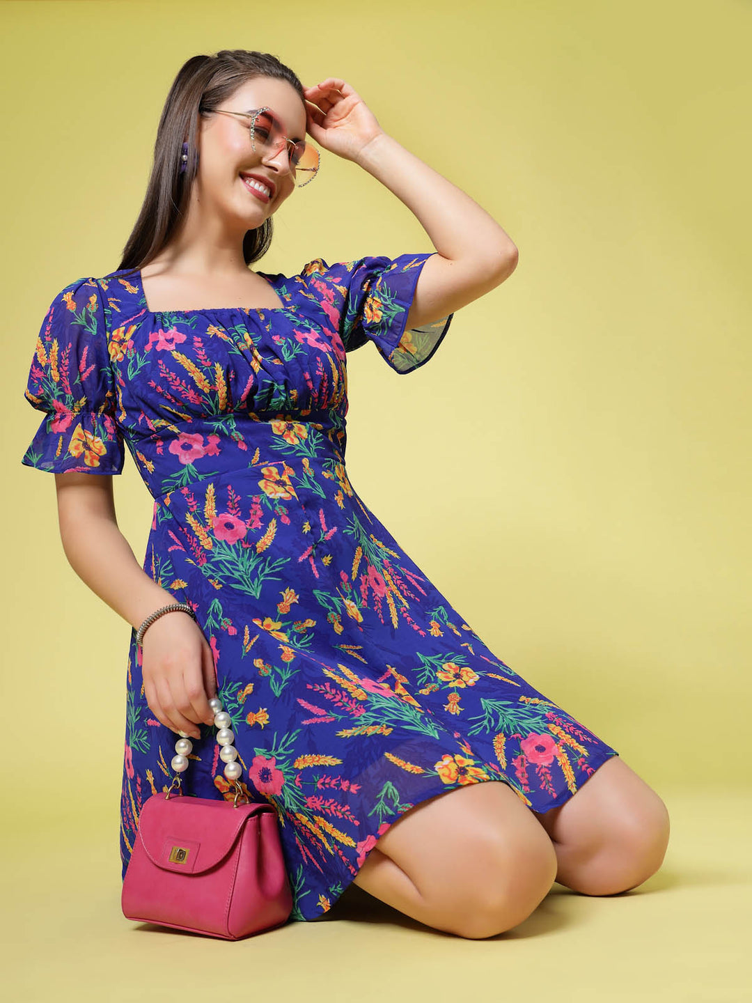 Blue Floral Printed Square Neck Puff Sleeves Gathered A-Line Dress