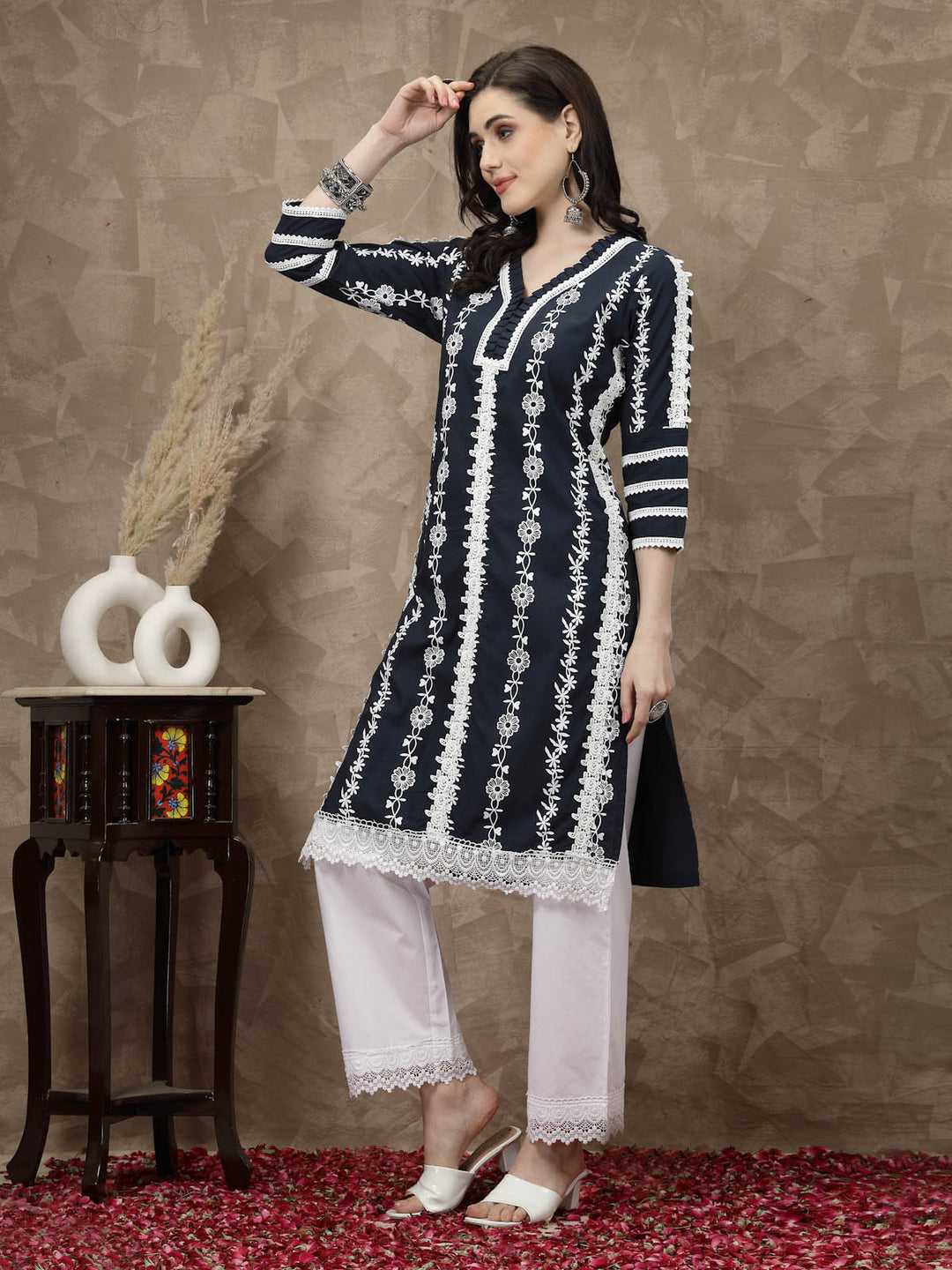 Navy Blue Floral Printed Thread Work Cotton Straight Kurta