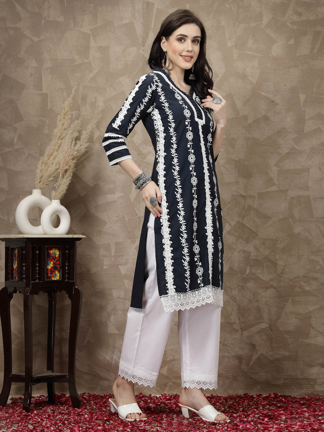 Navy Blue Floral Printed Thread Work Cotton Straight Kurta