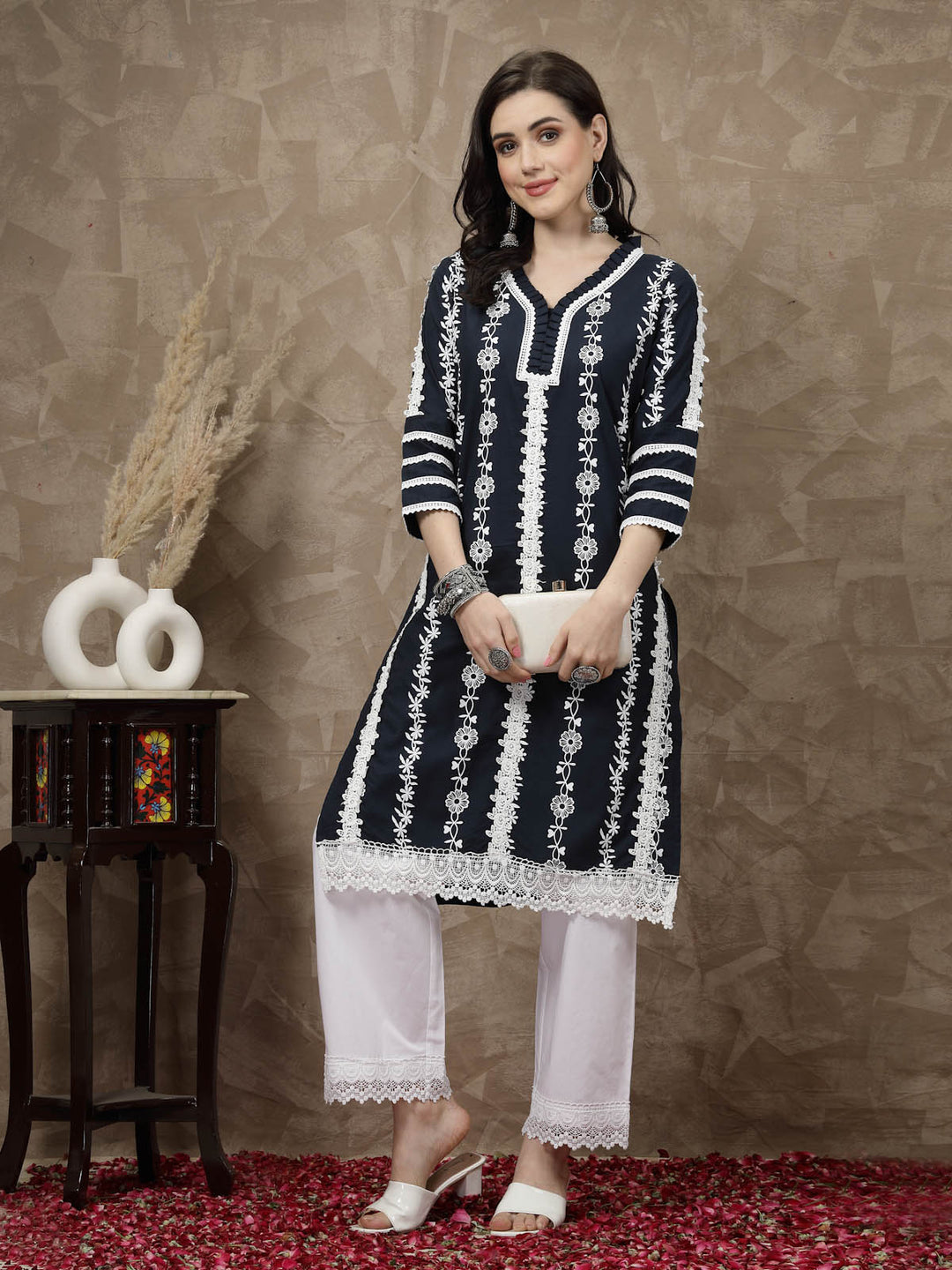 Navy Blue Floral Printed Thread Work Cotton Straight Kurta