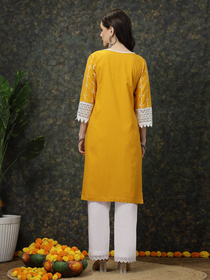 Mustard Yellow & White Ethnic Motifs Printed Pure Cotton A Line Kurta